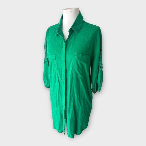 YFB Young Fabulous & Broke Green Linen Shirt Dress Women's Small Boho Beachy - Picture 2 of 12